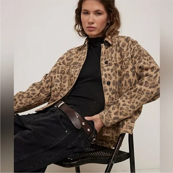 Free People Leopard Print Jean Jacket in Brown and Black - Picture 8 of 13